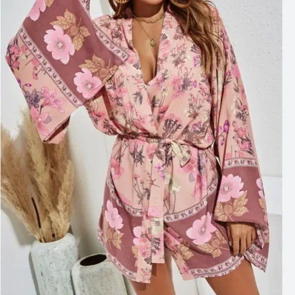 Bohemian Dahlia Floral Print Kimono Mini Dress - Picture 5 of 12